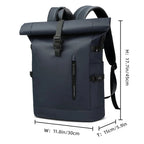 Navy blue roll-top backpack with measurements on a white background