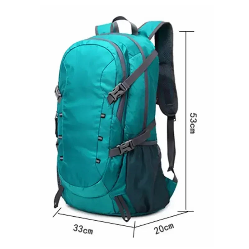 Teal backpack with gray straps and dimensions indicated on a white background