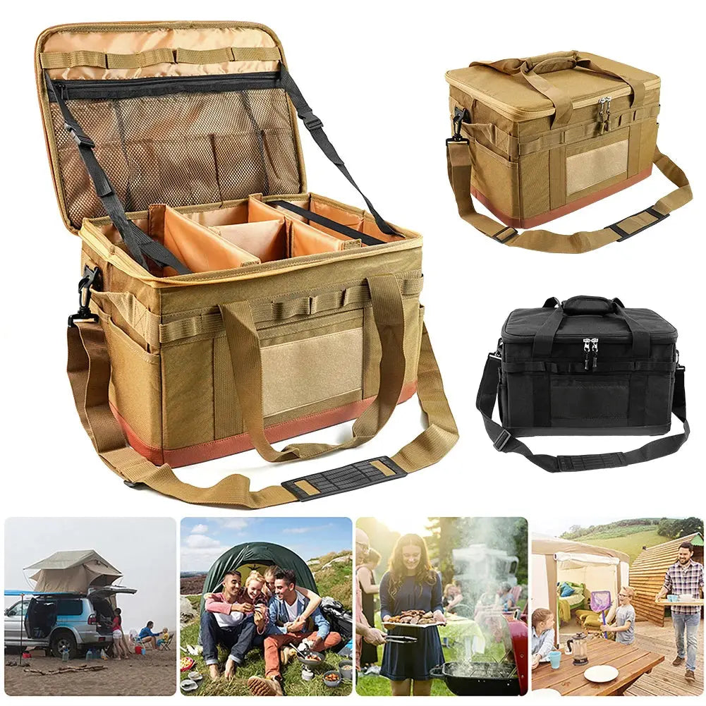 Collage of a tactical cooler bag with various uses including camping and outdoor activities.