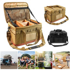 Collage of a tactical cooler bag with various uses including camping and outdoor activities.