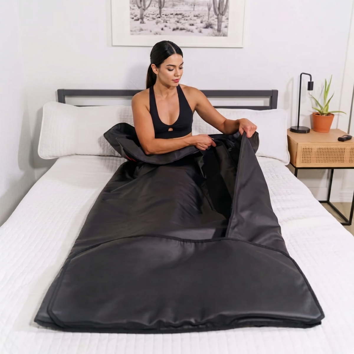 Woman sitting on a bed holding a black satin bag