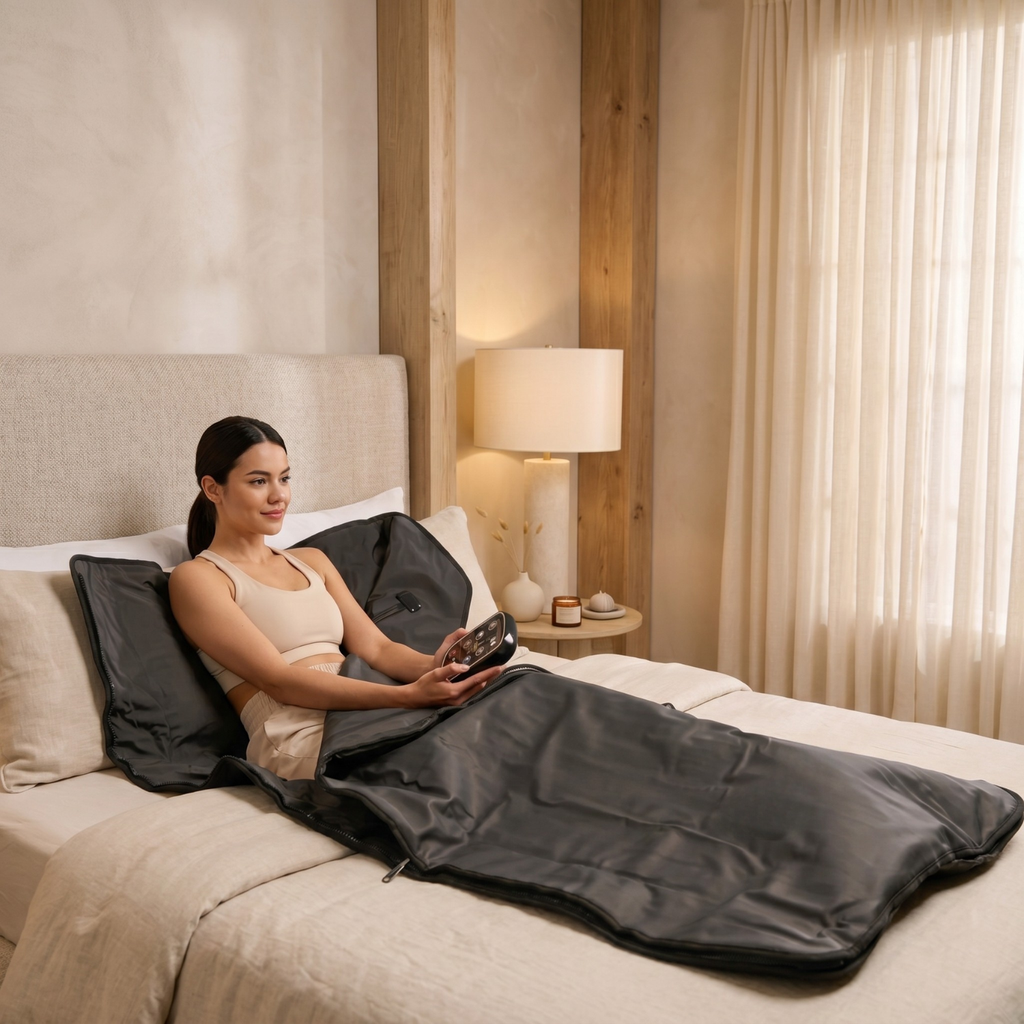 Woman using a handheld massager on her back in a bedroom setting.
