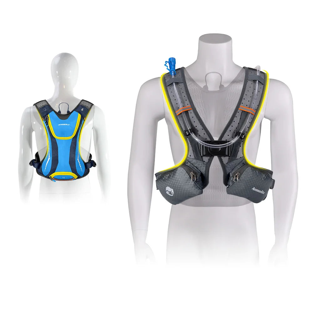 Two mannequin vests, one blue and yellow, one gray with black accents, on a white background.
