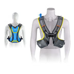 Two mannequin vests, one blue and yellow, one gray with black accents, on a white background.