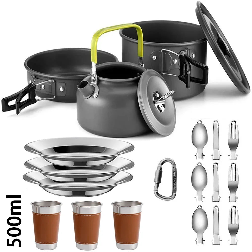 Collection of camping cookware including pots, pans, a kettle, plates, cups, and utensils on a white background.
