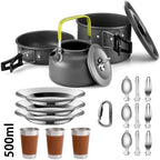 Collection of camping cookware including pots, pans, a kettle, plates, cups, and utensils on a white background.