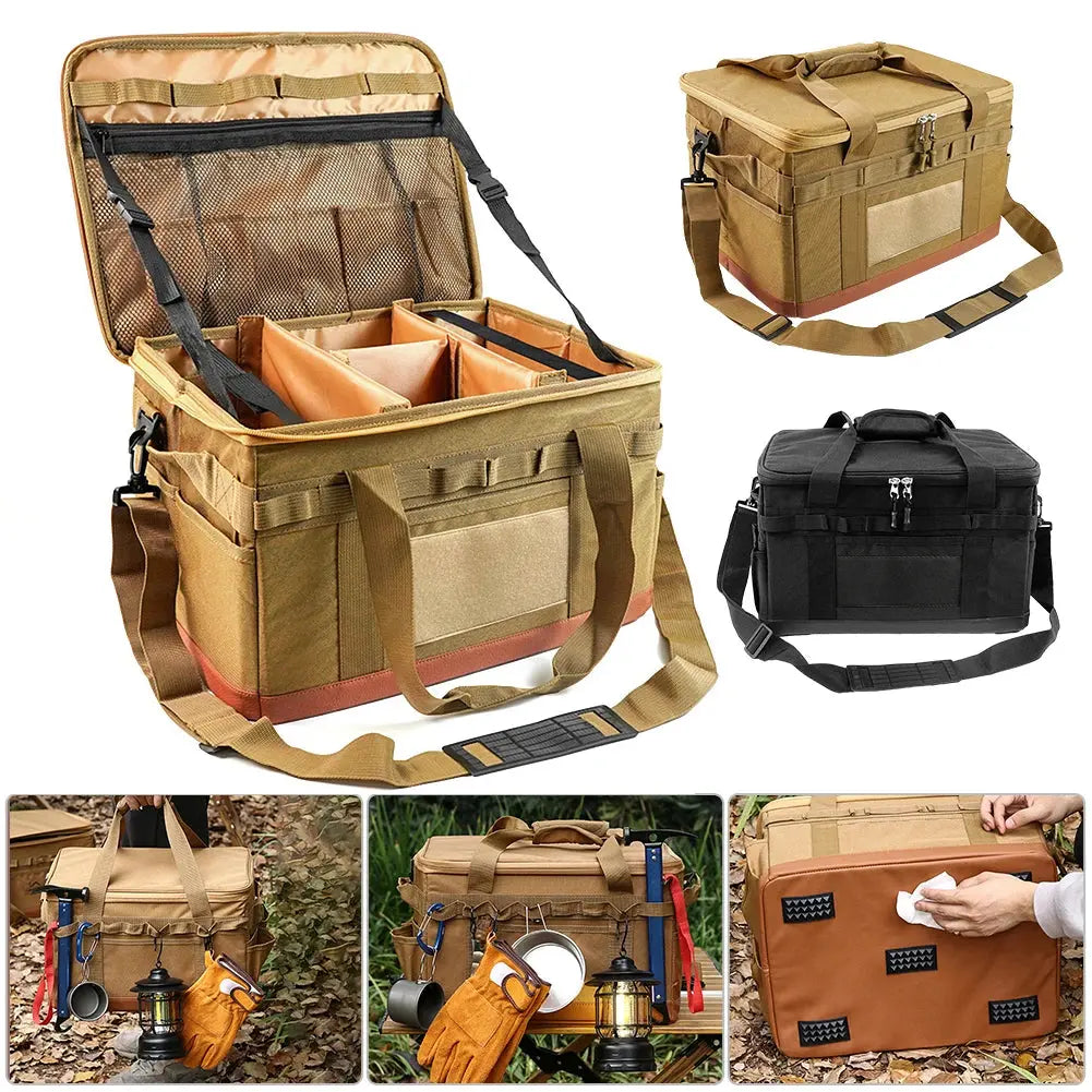 Collage of a tactical bag with various compartments and attachments on a white background.