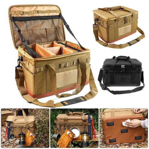 Collage of a tactical bag with various compartments and attachments on a white background.