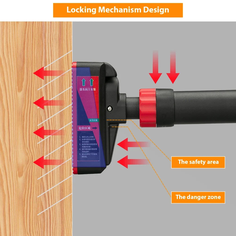 Locking mechanism design illustration with arrows indicating safety and danger zones.