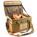 Open tan tactical bag with multiple compartments on a white background