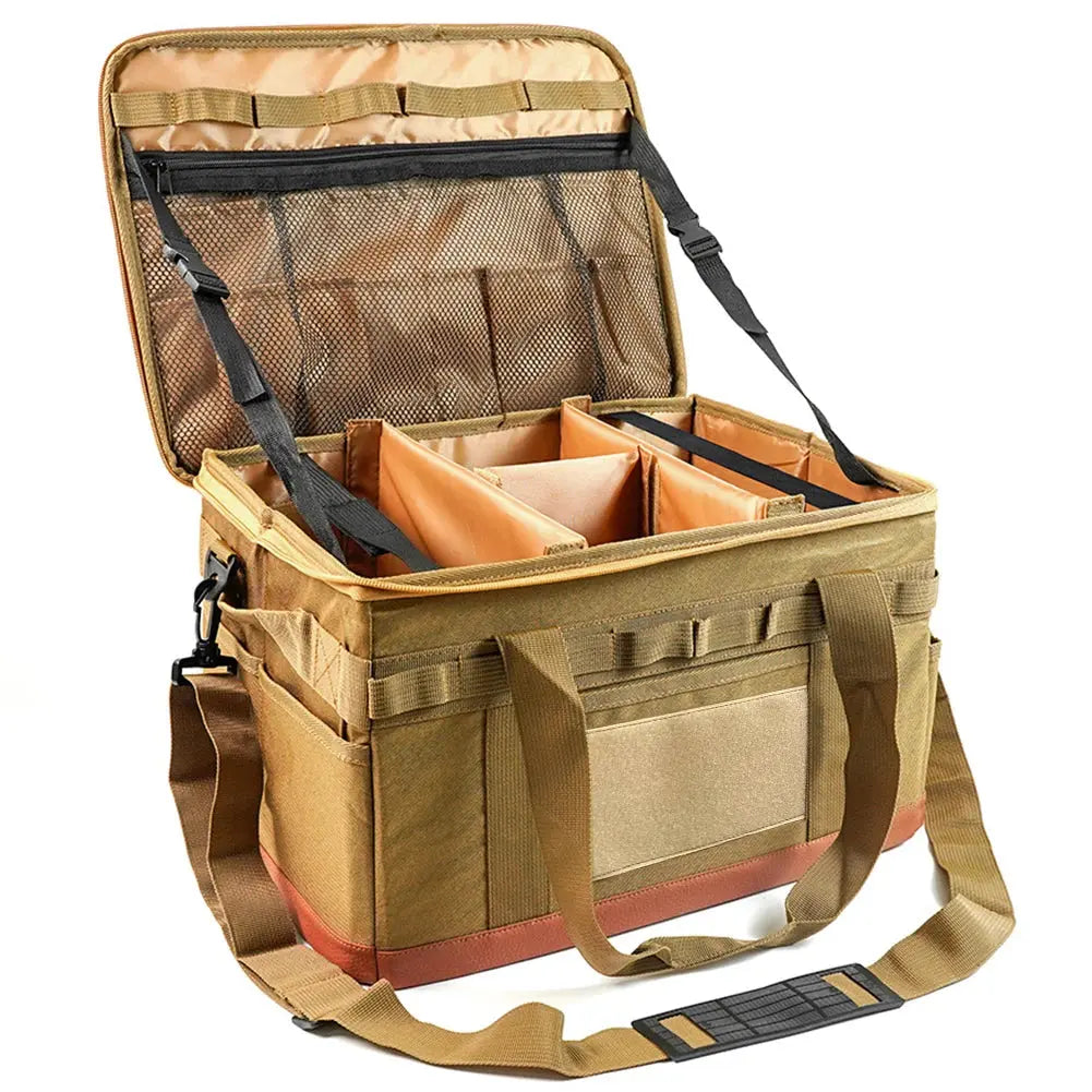 Open tan tactical bag with multiple compartments on a white background