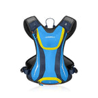 Blue and black hydration vest with yellow accents on a white background