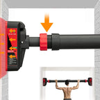 Pull-up bar with red and black design, featuring a man performing pull-ups on a white background.