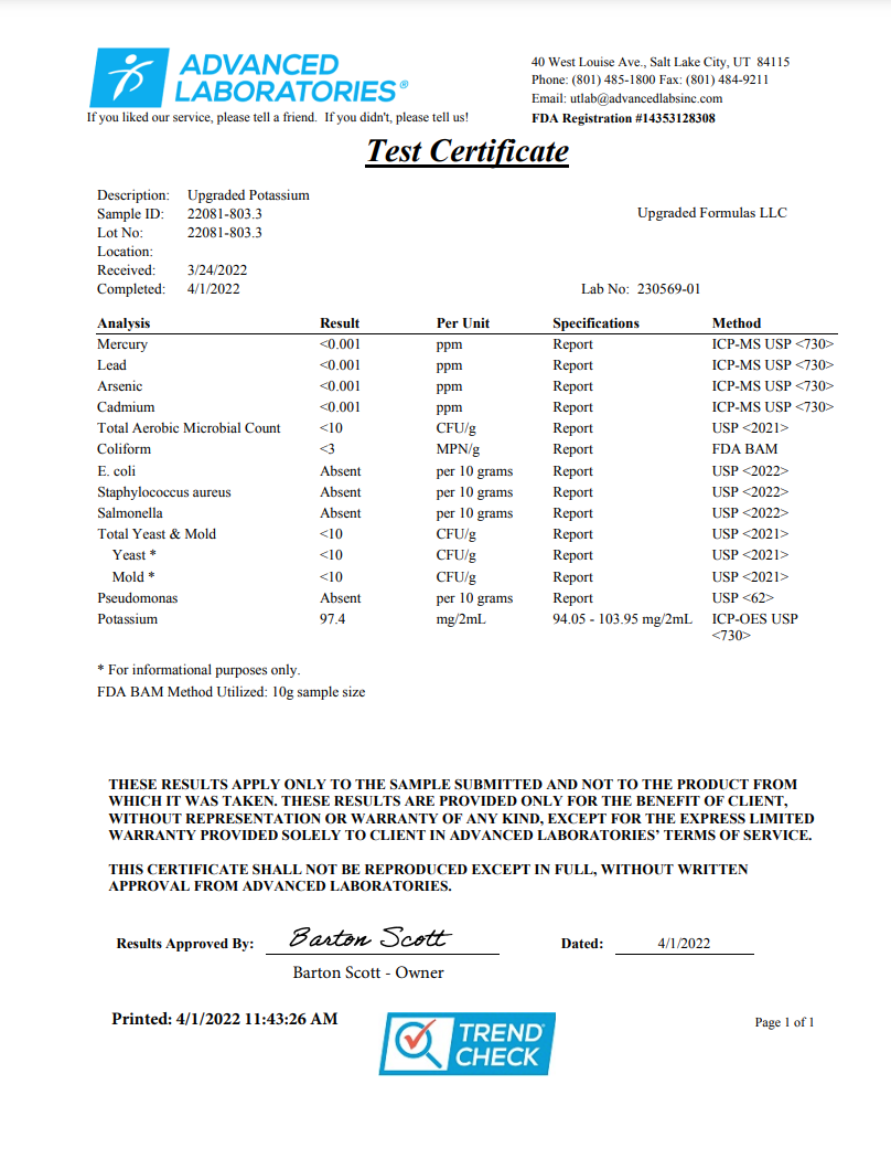 Test certificate from Advanced Laboratories with various analytical results.