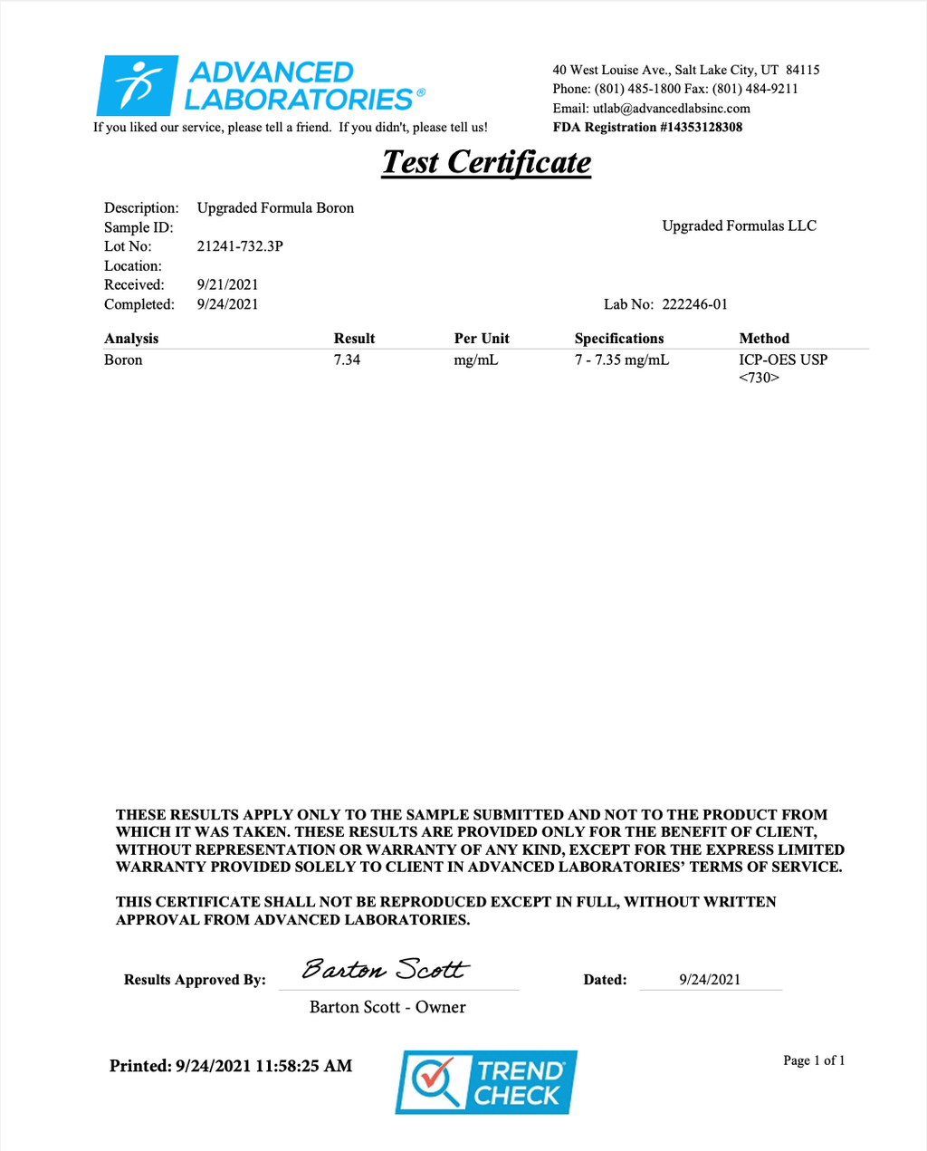 Test certificate from Advanced Laboratories with results and certification details.