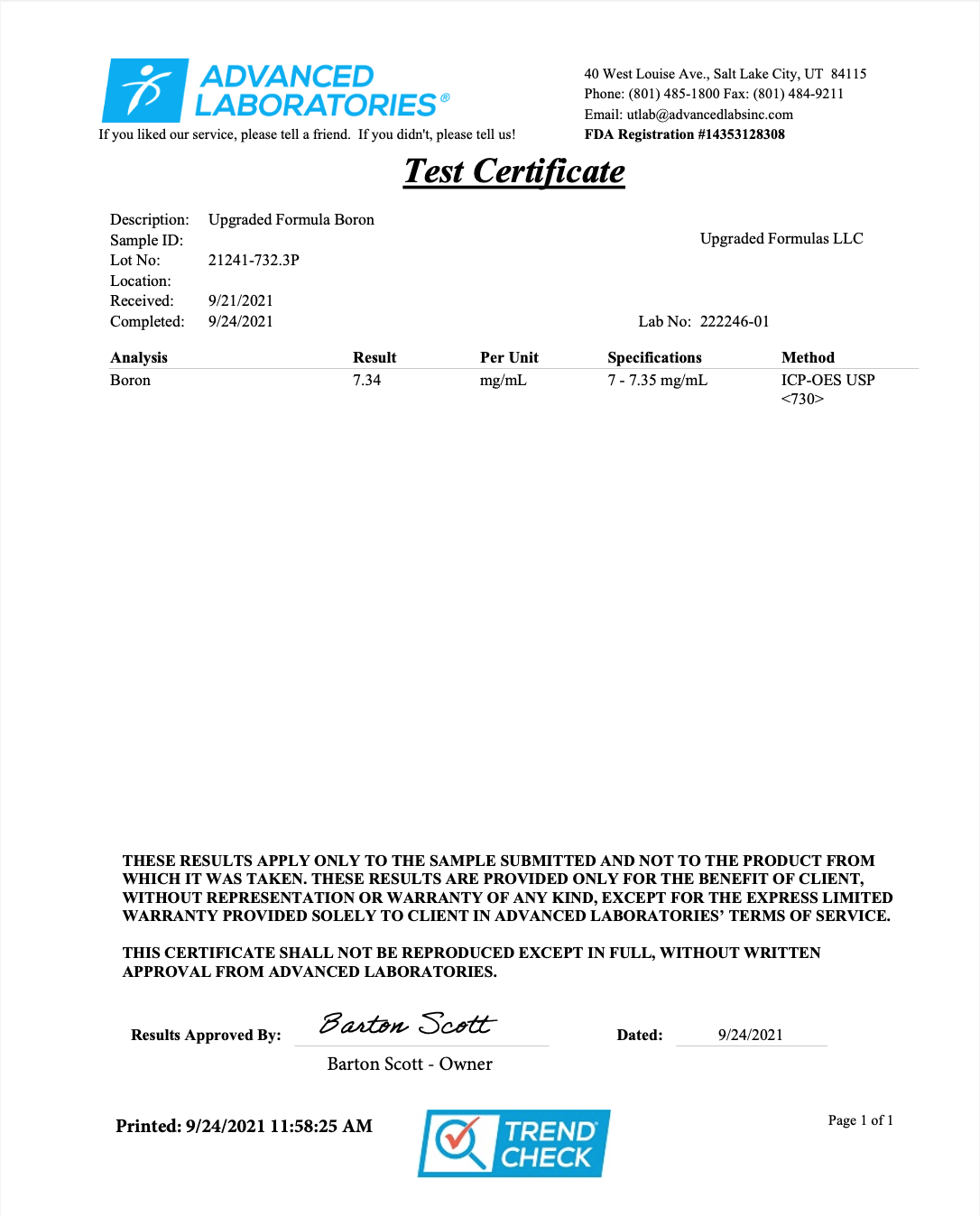 Test certificate from Advanced Laboratories with results and certification details.