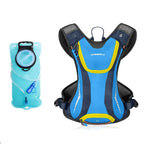 Blue hydration backpack with yellow accents and a separate water bladder on a white background