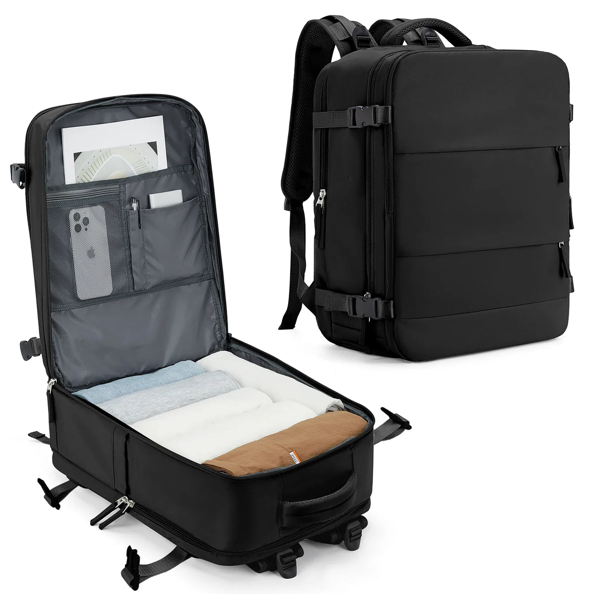 Black travel backpack with open compartment showing organized items on a white background