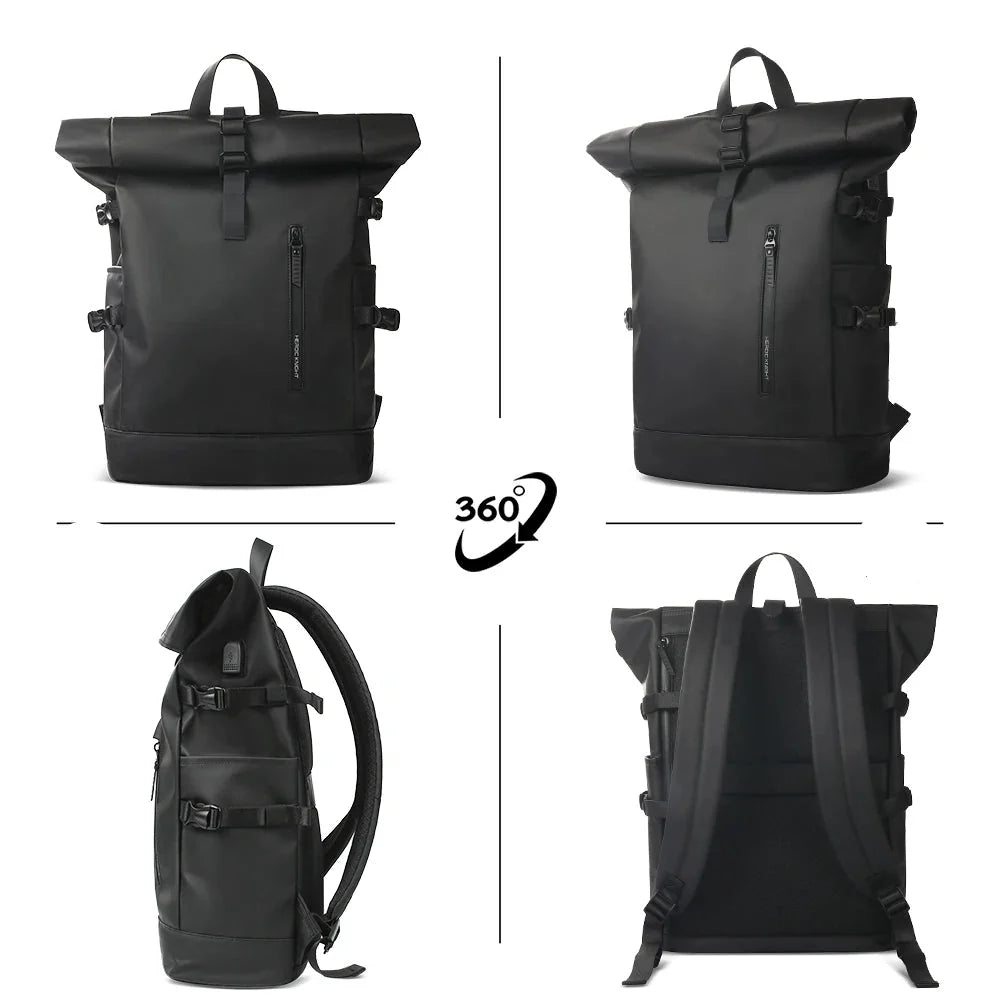 Black backpack shown from multiple angles on a white background