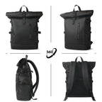Black backpack shown from multiple angles on a white background