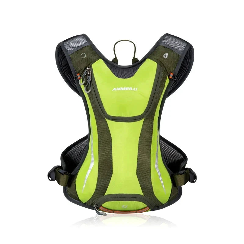 Green hydration backpack with black straps on a white background