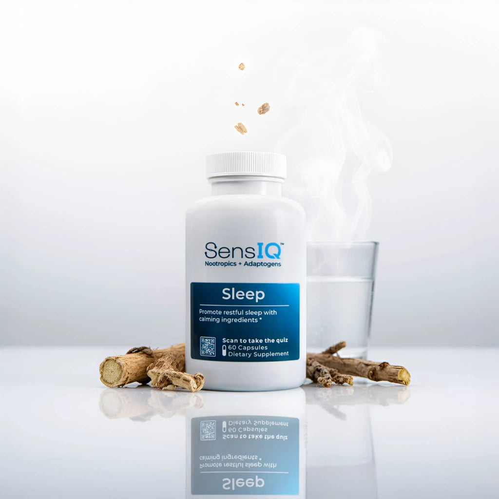 SensIQ Sleep supplement bottle with a glass of water and roots on a white background