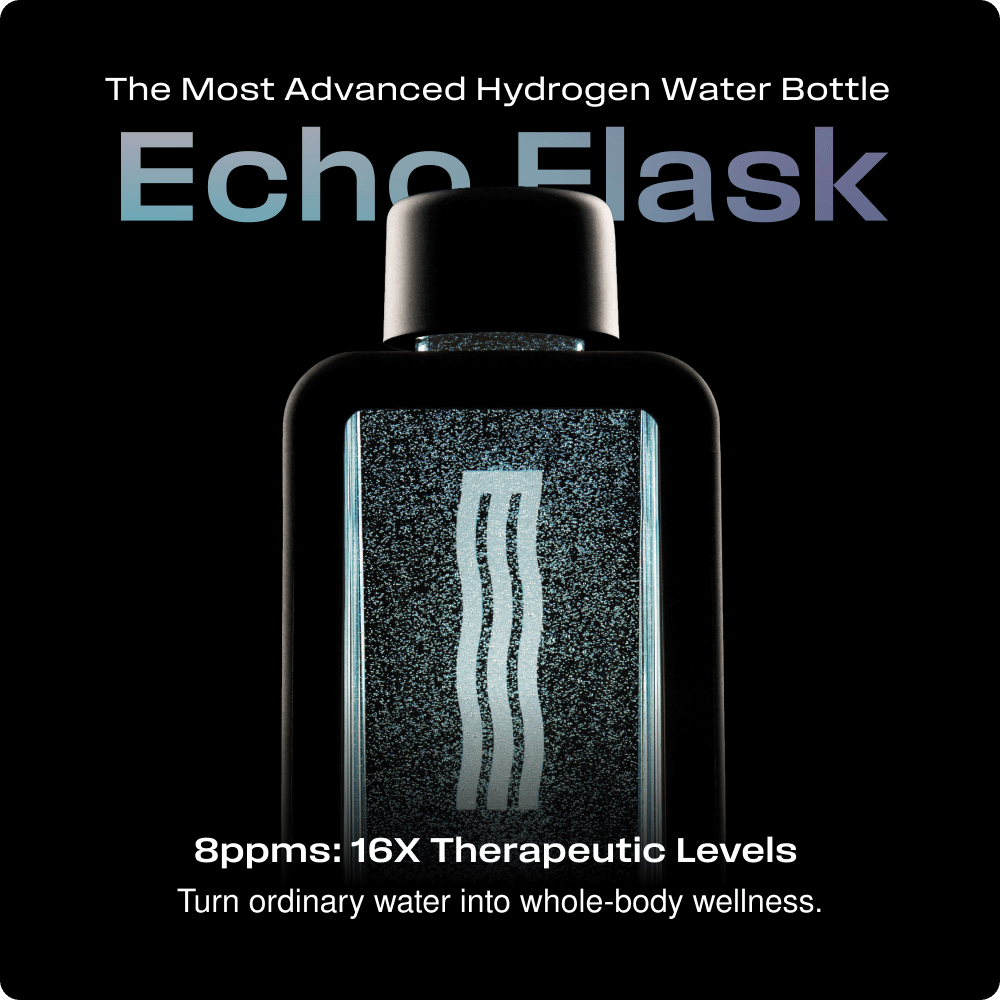 Echo Flask hydrogen water bottle with text on a black background