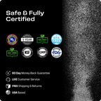 Certification logos and promotional text on a black background with a textured gray area.