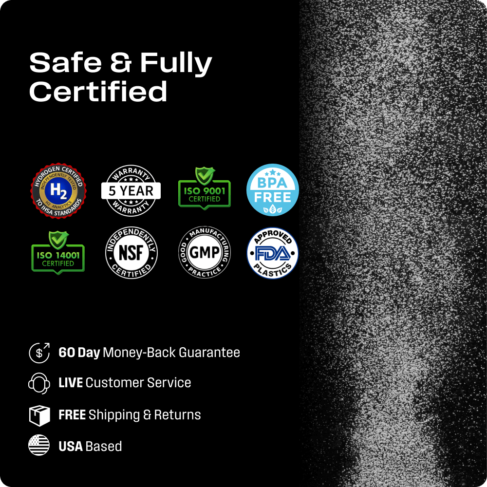 Certification logos and promotional text on a black background with a textured gray area.