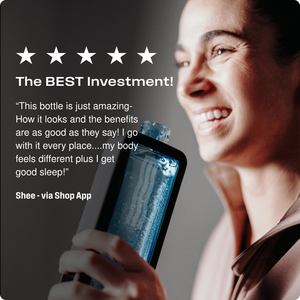Person holding a blue bottle with text praising its benefits on a dark background