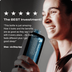 Person holding a blue bottle with text praising its benefits on a dark background