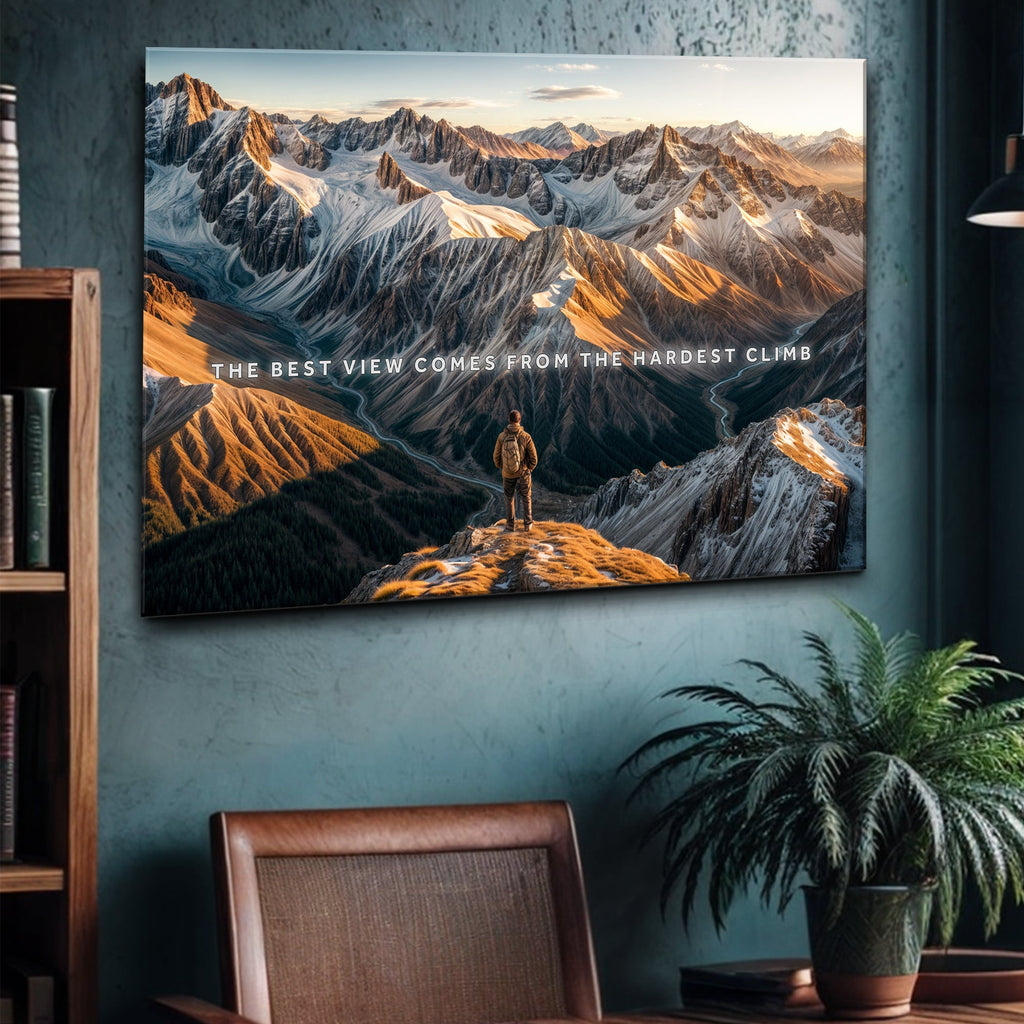 Mountainscape painting with a person on a mountain peak and text 'The best view comes from the hardest climb' in a room with a bookshelf and plant.