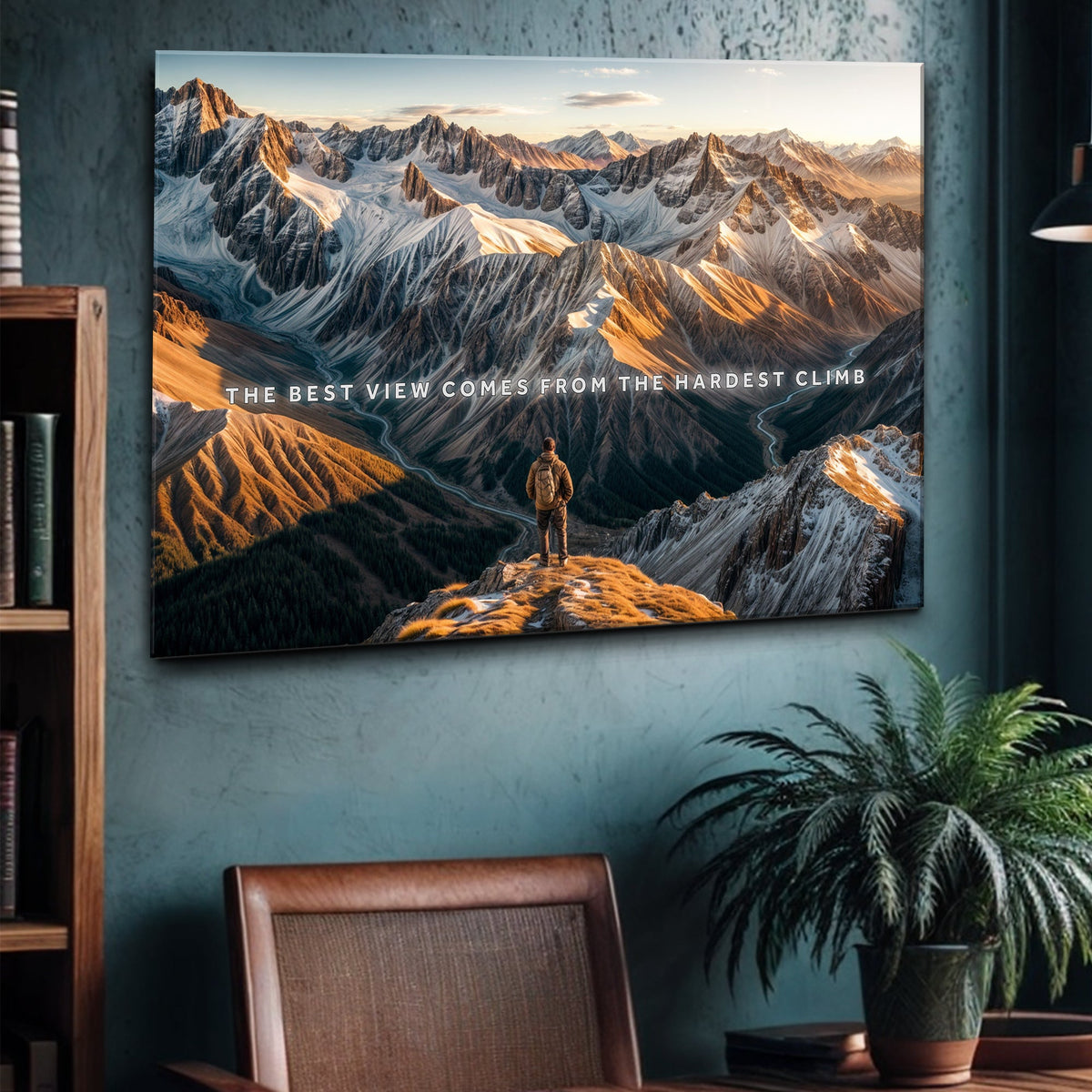 Mountainscape painting with a person on a mountain peak and text 'The best view comes from the hardest climb' in a room with a bookshelf and plant.