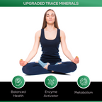 Woman meditating with text about upgraded trace minerals and their benefits on a white background