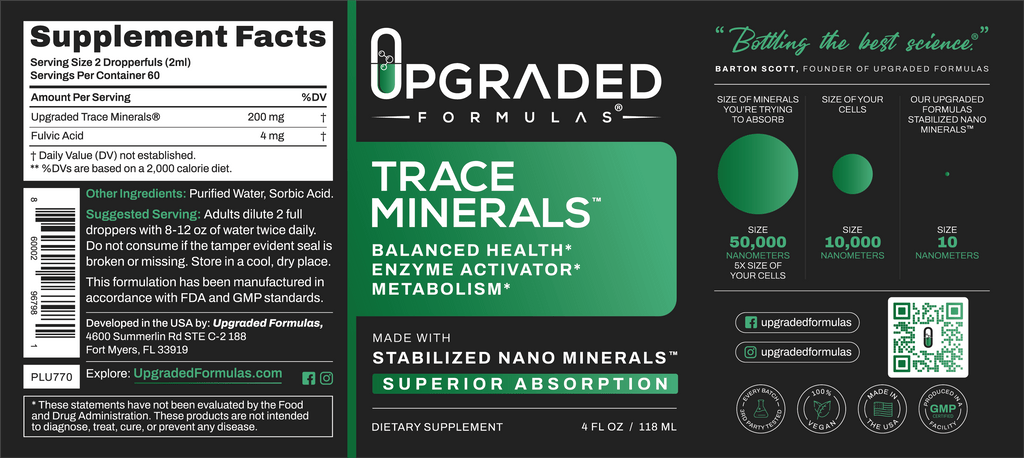 Supplement label for Upgraded Formulas Trace Minerals on a black background