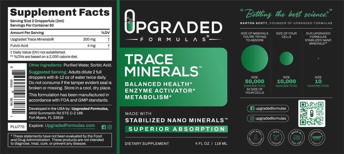 Supplement label for Upgraded Formulas Trace Minerals on a black background