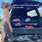 Woman standing next to an open car trunk with a 'DikaSun' product, text overlay 'Easy to create the perfect space for your kids'.