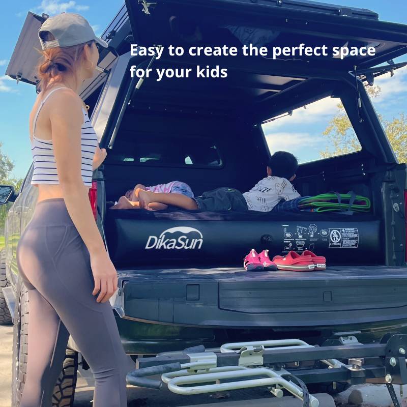 Woman standing next to an open car trunk with a 'DikaSun' product, text overlay 'Easy to create the perfect space for your kids'.