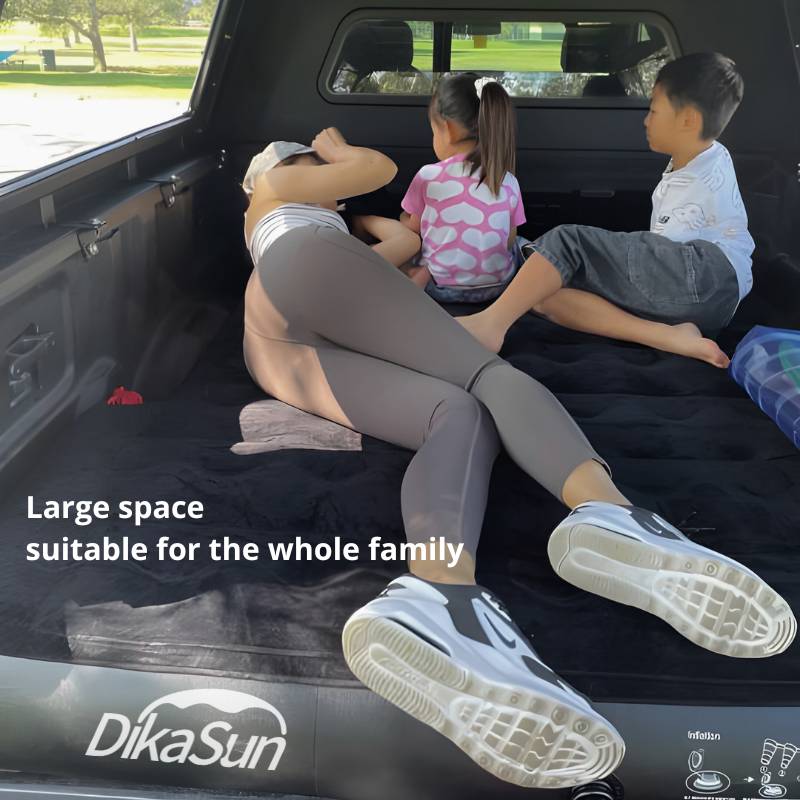Family sitting on an inflatable mattress in a vehicle with 'DikaSun' branding.