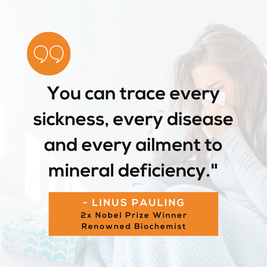 Woman with a blurred background, quote by Linus Pauling about mineral deficiency, and Linus Pauling's name and achievements displayed.