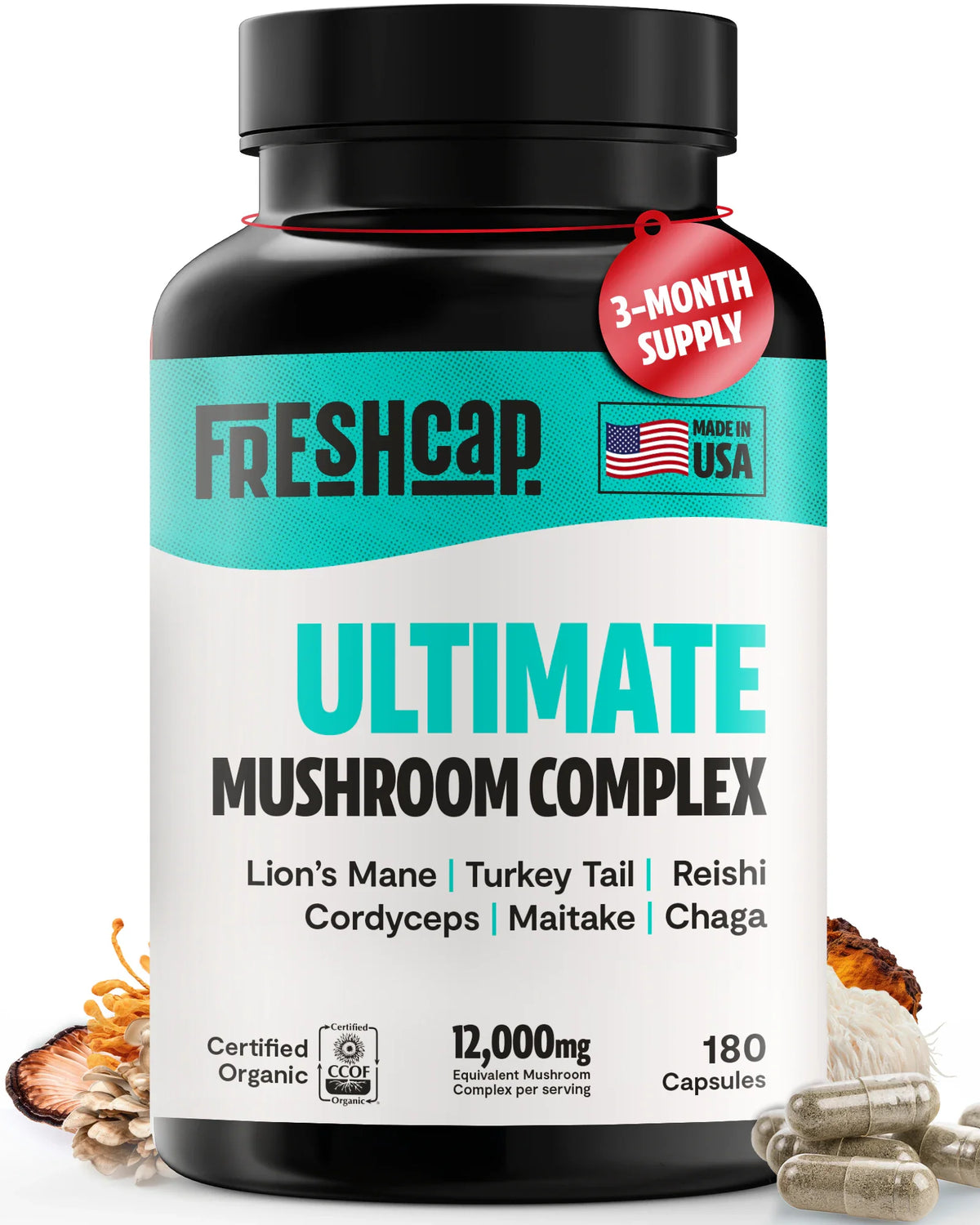 Bottle of Freshcap Ultimate Mushroom Complex supplement on a white background