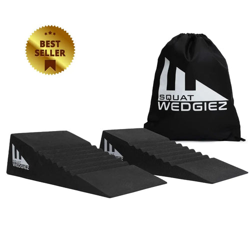 Two black wedge exercise ramps with white printed wedgegiz branding, shown alongside a black drawstring bag with the same logo and a gold 'Best Seller' badge on a white background.
