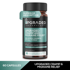 Supplement bottle labeled 'Upgraded Formulas' for cramp and migraine relief on a white background.