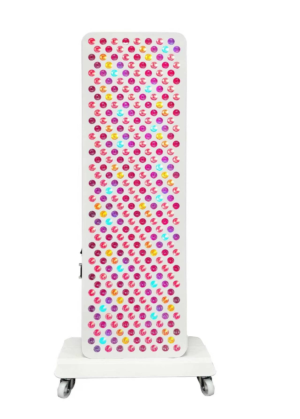 White radiator with colorful polka dot pattern on a white background