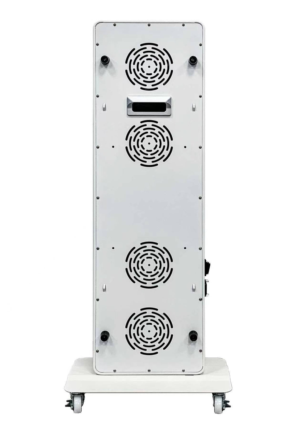 White electronic device with cooling vents on a white background