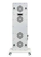 White electronic device with cooling vents on a white background