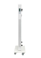 A tall white electronic testing or measurement device on a wheeled base, featuring a vertical panel with multiple circular ports, a small digital screen, and a keypad, isolated on a white background.
