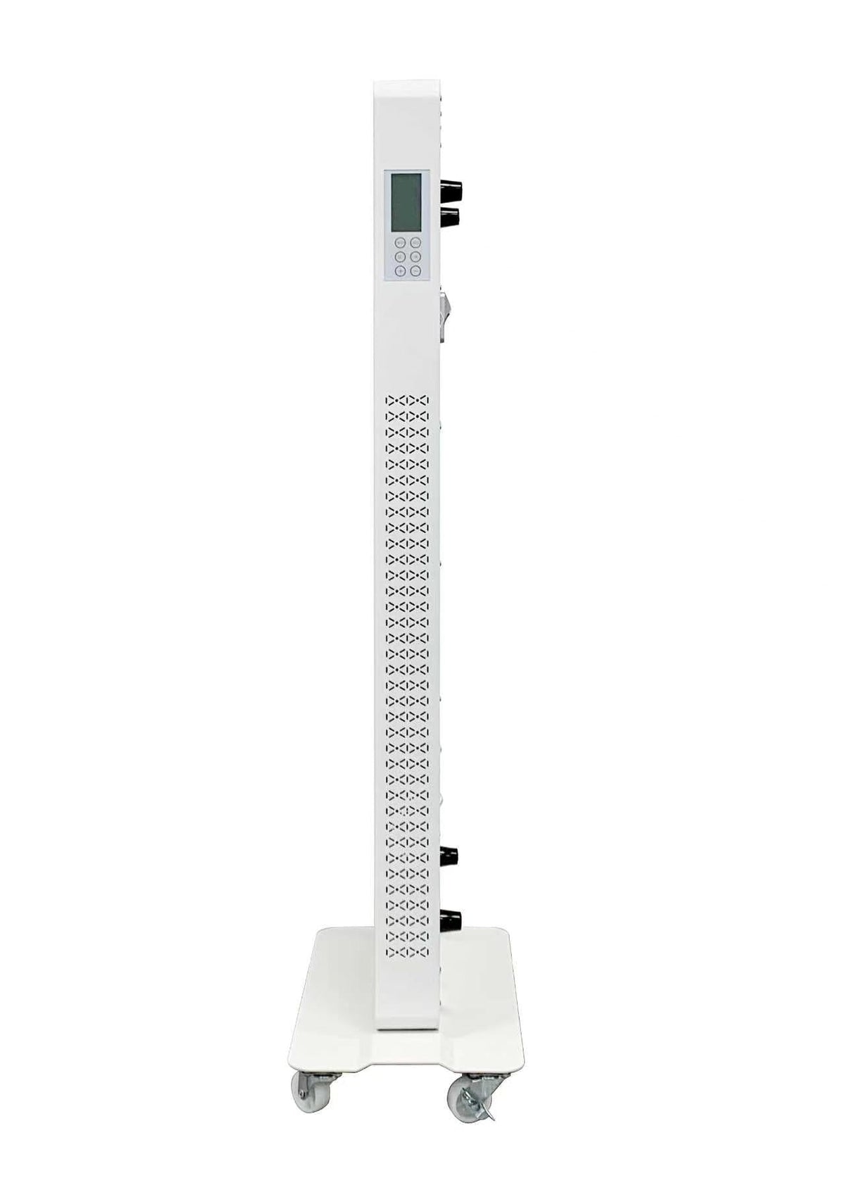 A tall white electronic testing or measurement device on a wheeled base, featuring a vertical panel with multiple circular ports, a small digital screen, and a keypad, isolated on a white background.