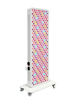 Tall, colorful LED light panel on wheels with a white background