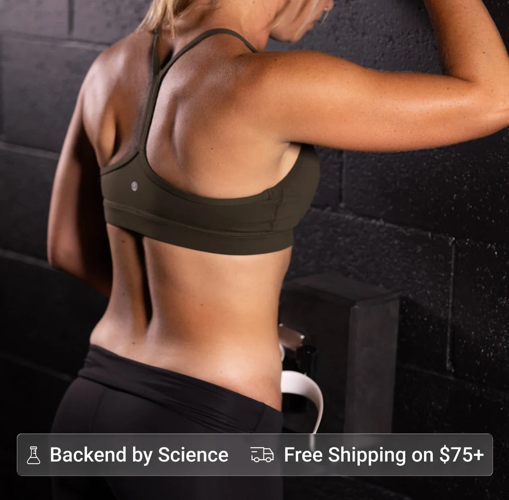 Woman wearing a black sports bra and leggings against a dark background with promotional text overlay.